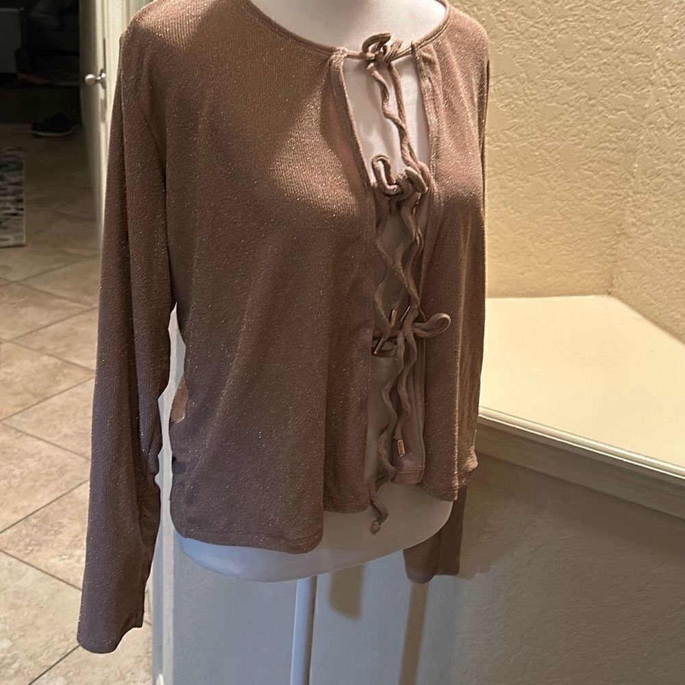 Andie Swim Women's Size S Long Sleeve Tie Up Gold Sparkle Top Resortwear Coverup
